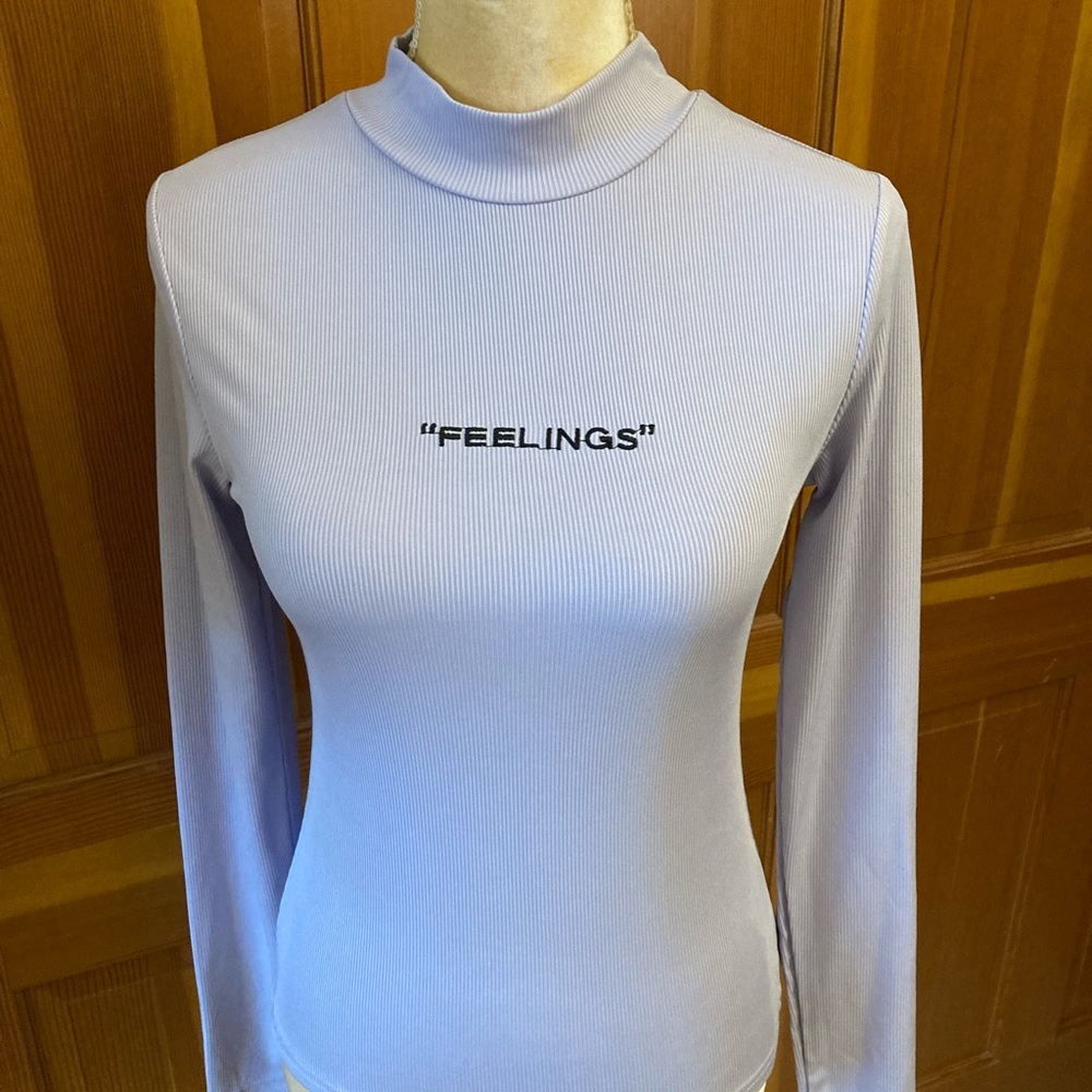 Nwt, Lavishly Paris Mock Neck Letter Embroidered Rib-knit Tee